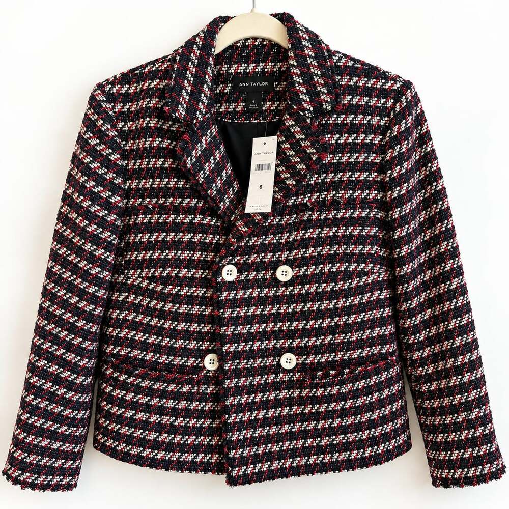 Ann Taylor Tweed Double Breasted Blazer Jacket Fringed Red Navy Black